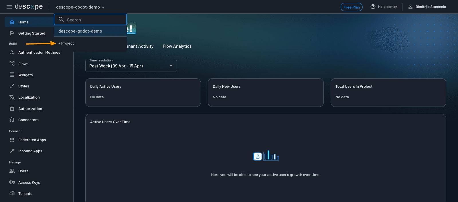 Fig: Descope console—create new project dropdown