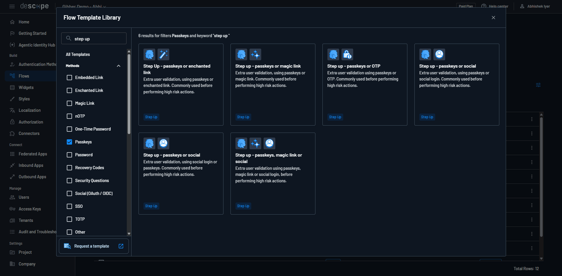 Descope Flow templates for step-up auth with passkeys