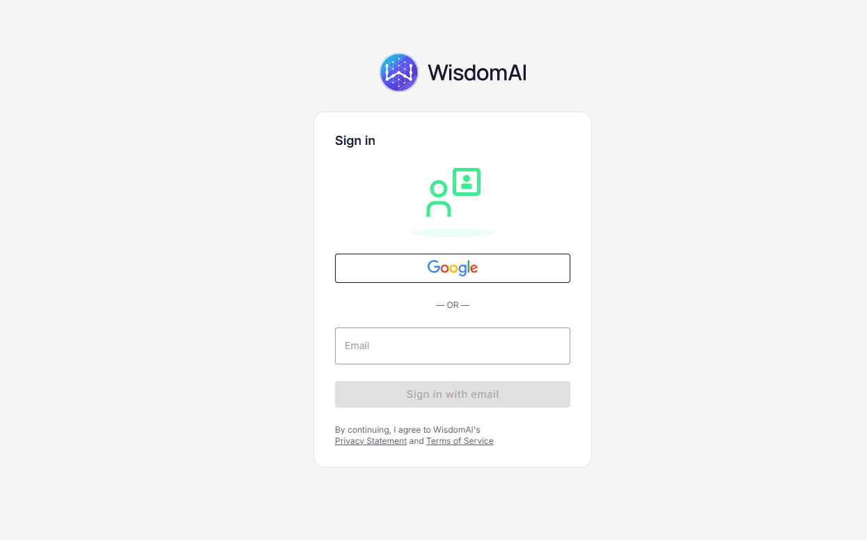A screenshot of WisdomAI's login screen showing authentication powered by Descope.