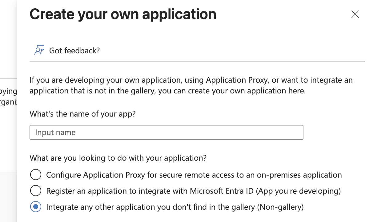 Fig: Selecting the option "Integrate any other application you don't find in the gallery Non-gallery" in Azure when creating a new application