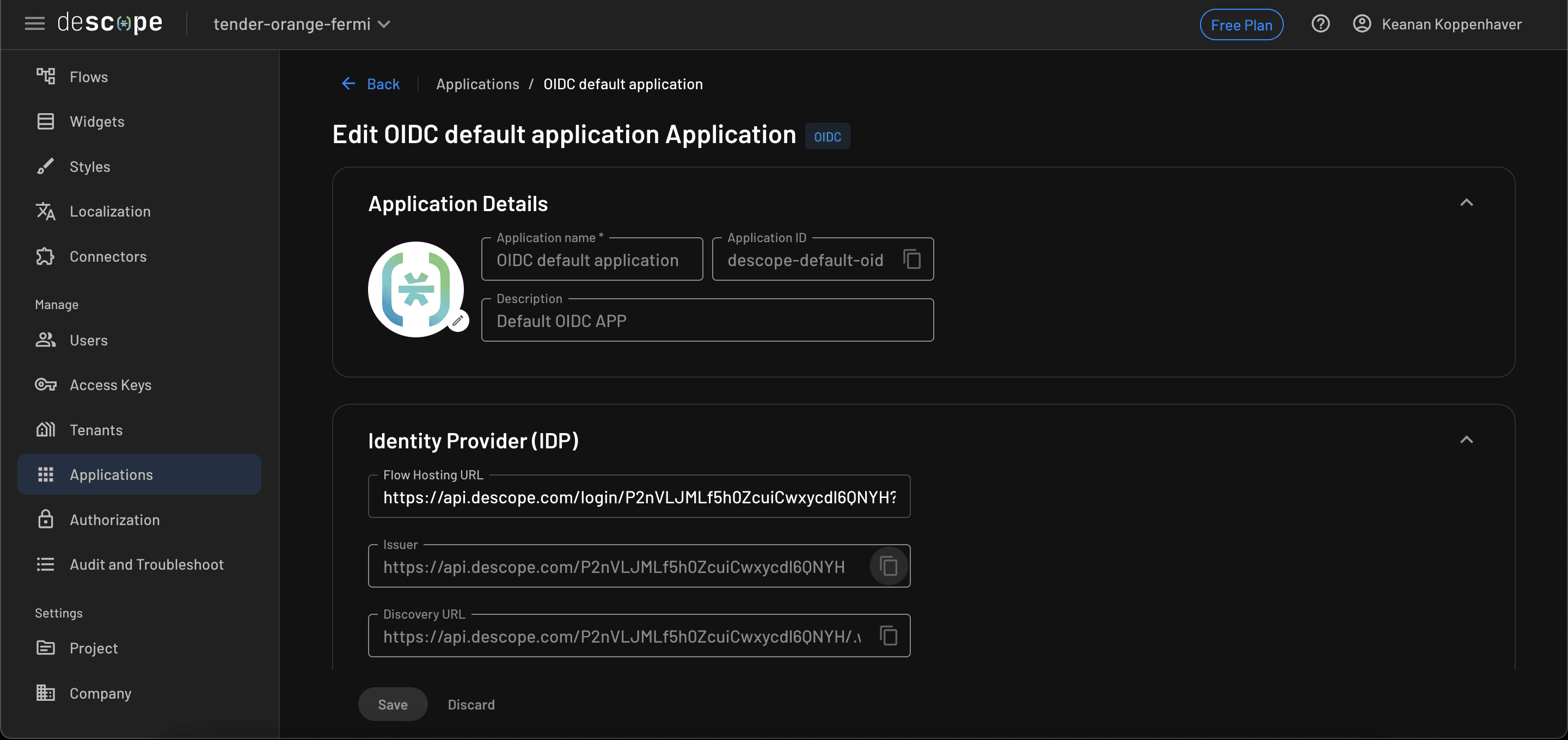 Fig: The credentials page for your project inside Descope
