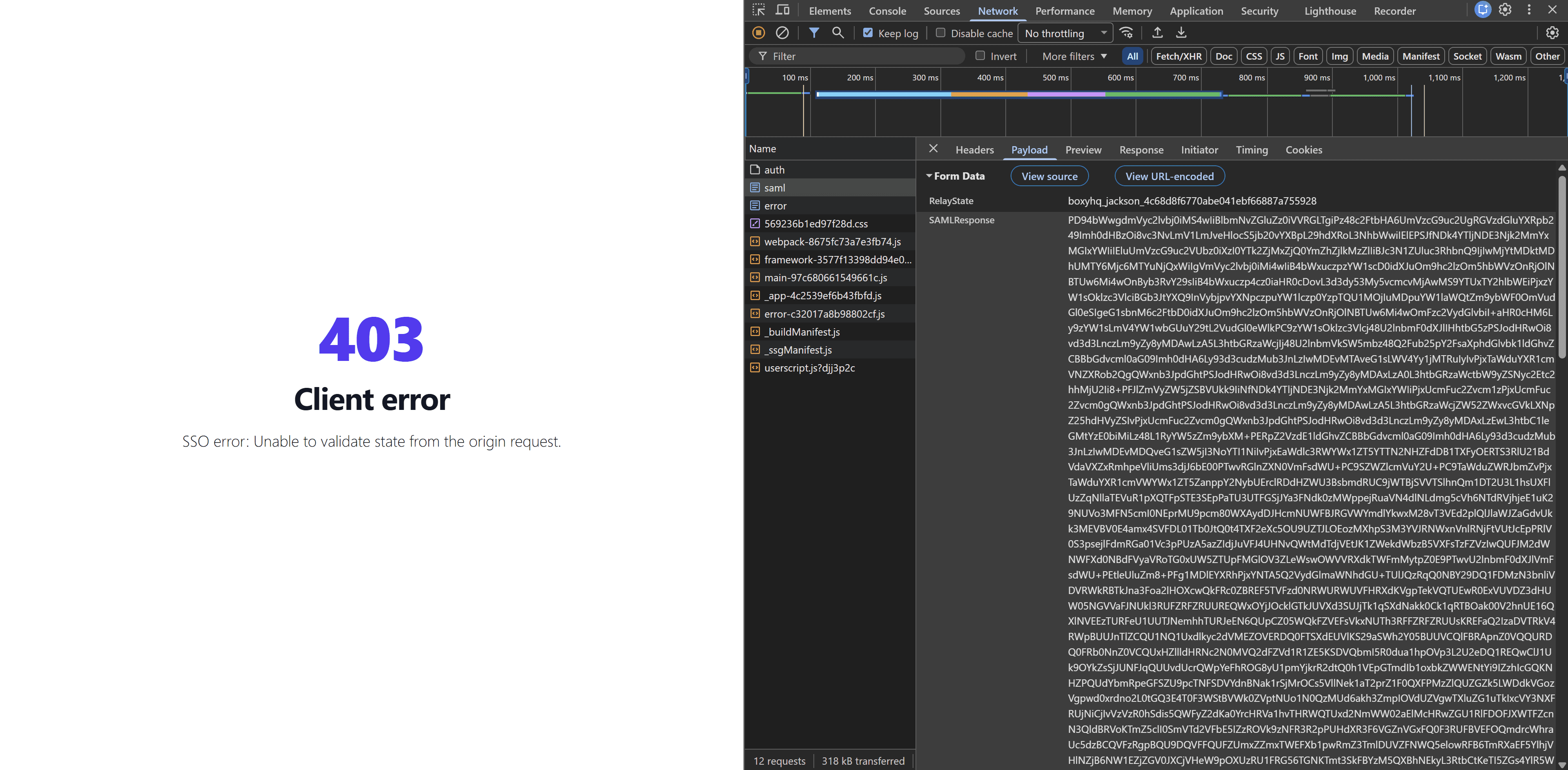 Fig: The Network tab of Google Chrome DevTools, viewing the payload of a selected SAML message.