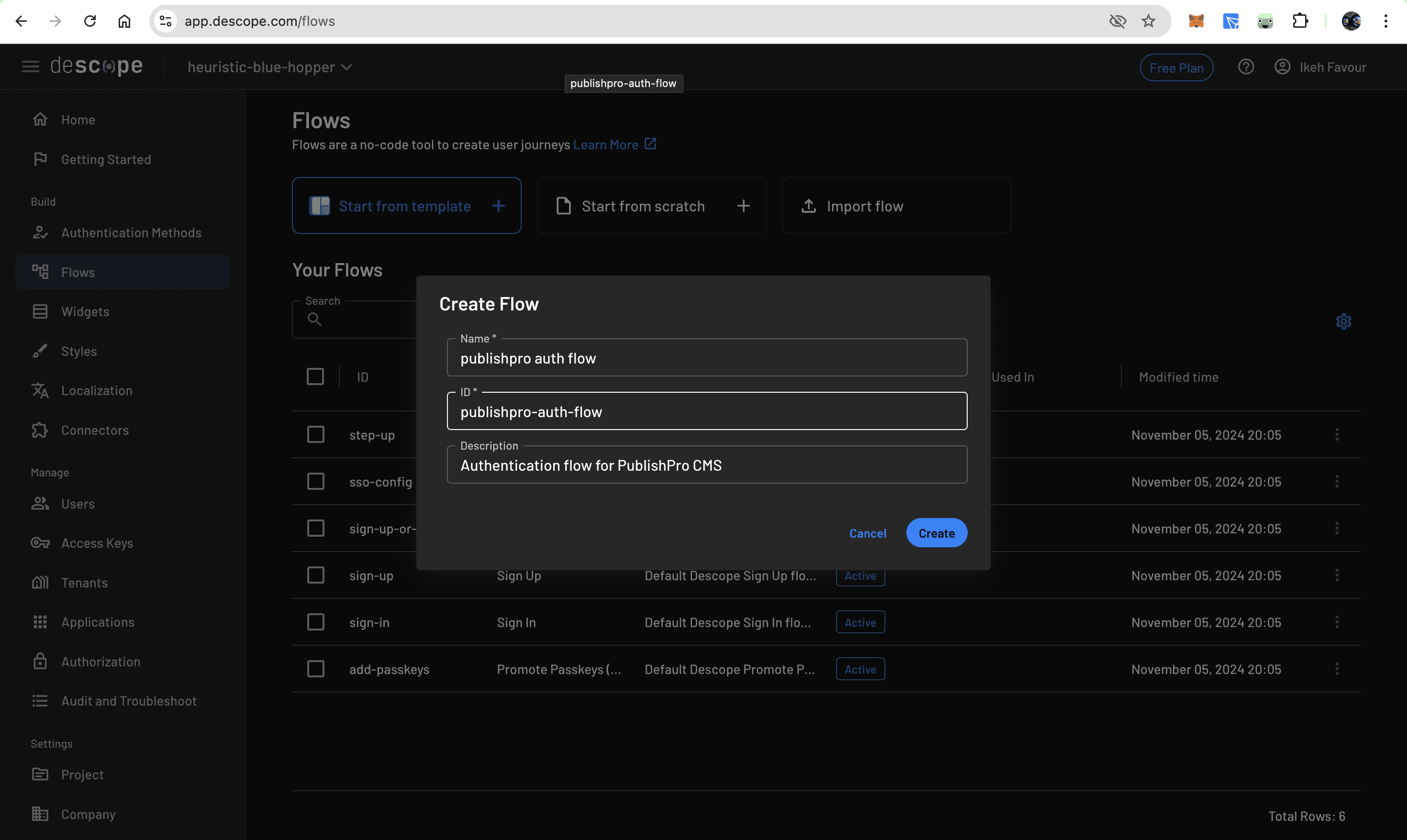 Flow creation dialog