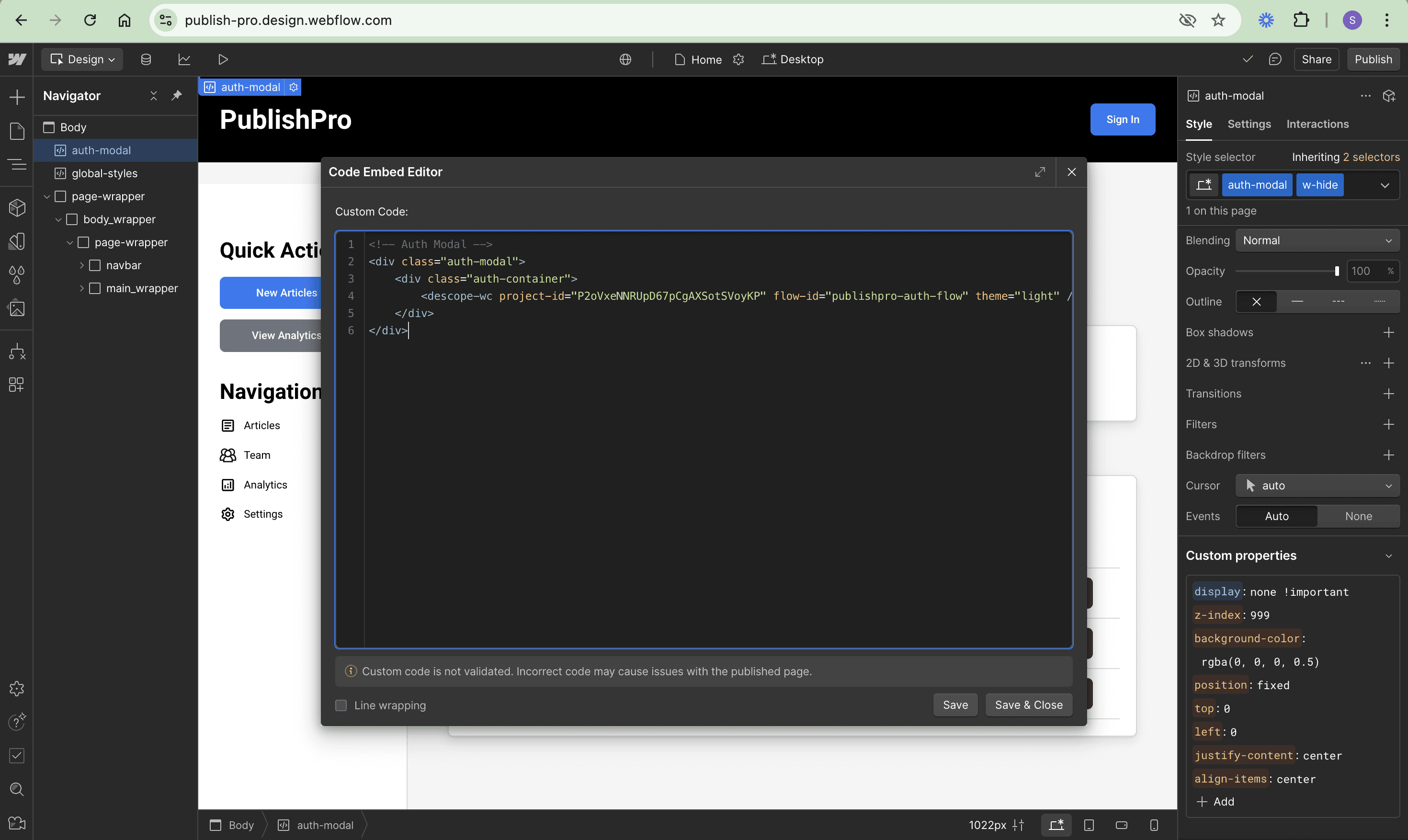 Create auth-modal elements with Code embed