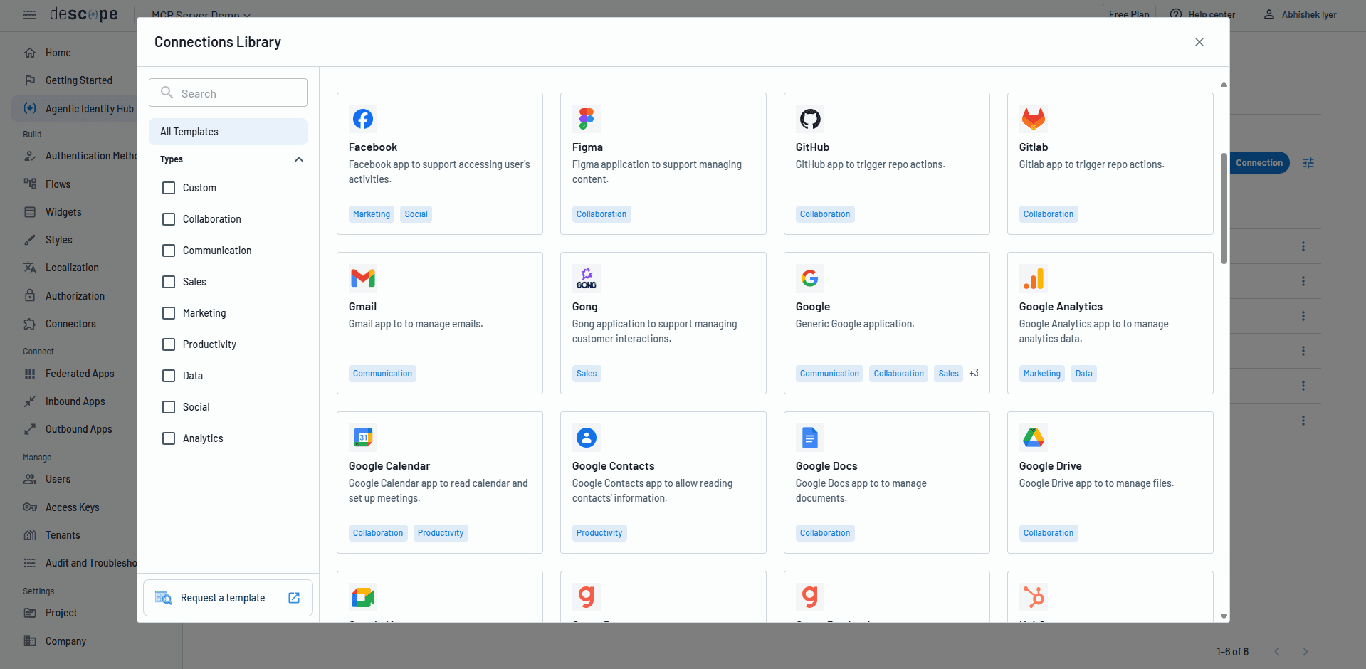 AI agent connection templates for credential management and storage