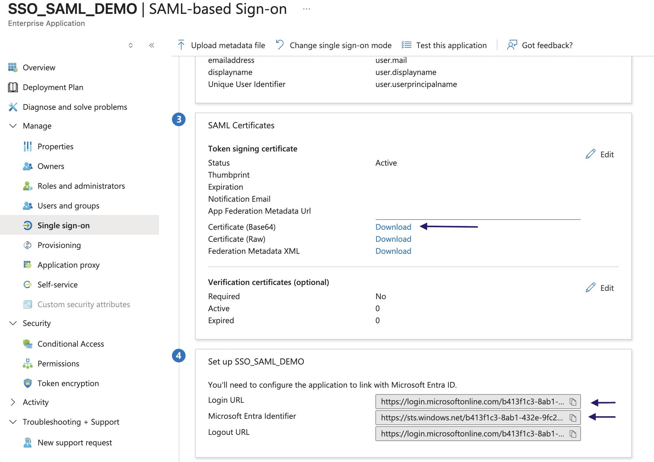 Fig: Entire SAML SSO configuration page with arrows showing location of Login Url, Microsoft Entra Identifier, and Certificate