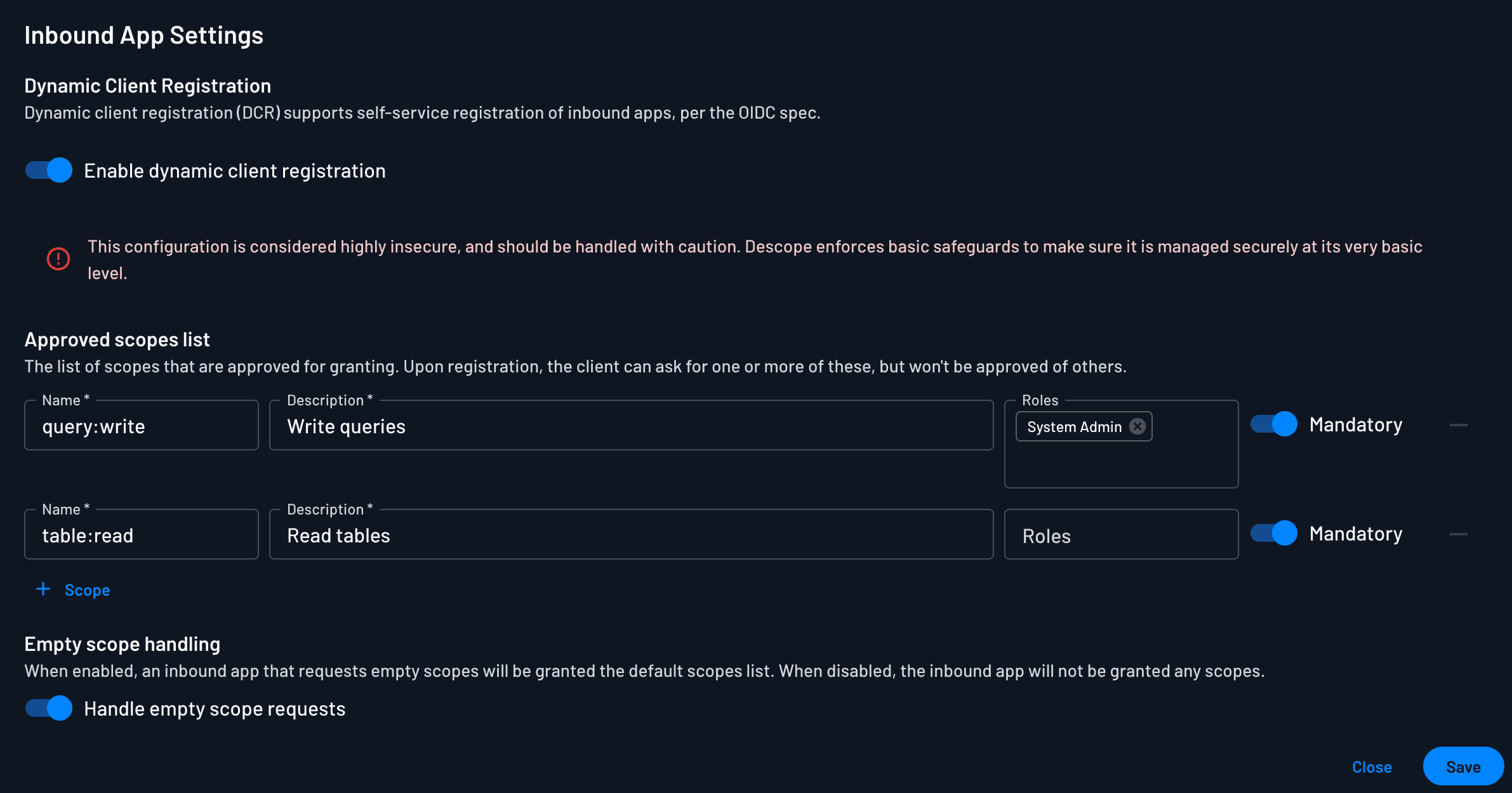 Fig: Configuring Dynamic Client Registration settings in Descope