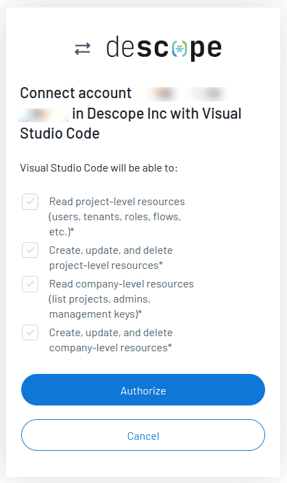 Fig: Authorizing the Descope MCP Server connection from VS Code.