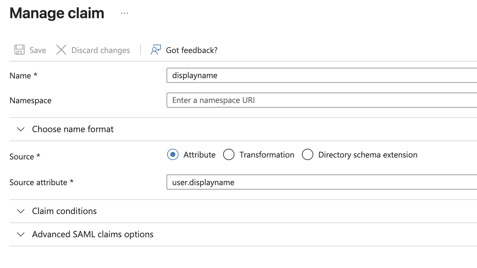 Fig: The Manage Claim page for the edited displayname claim