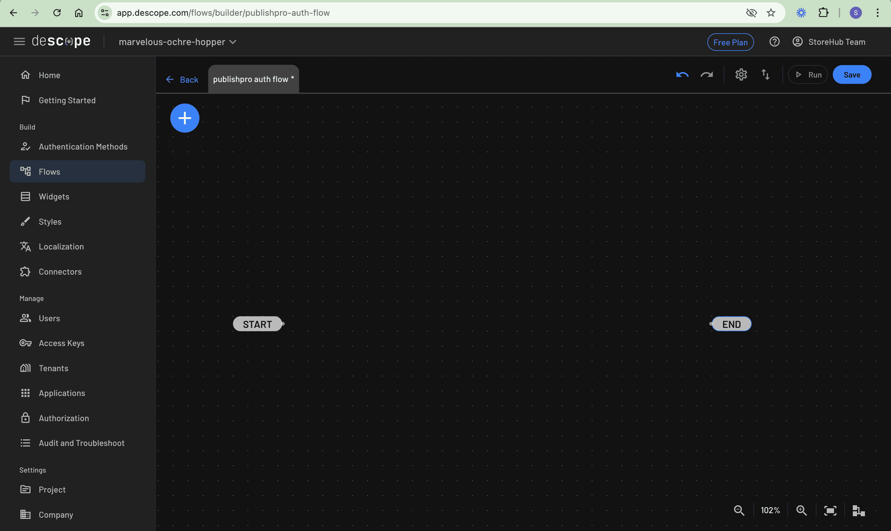 Flow editor interface showing an empty canvas