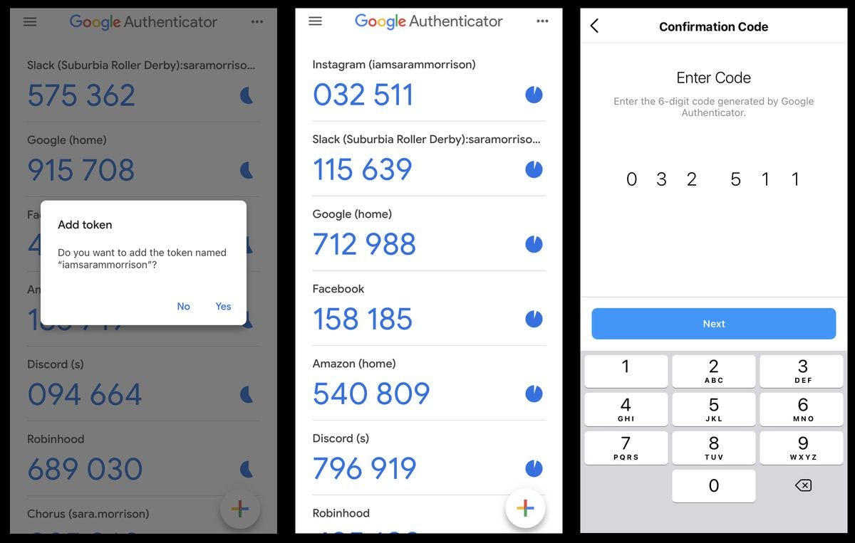 Fig: Screenshots of Google Authenticator with TOTP codes (Source: Vox)