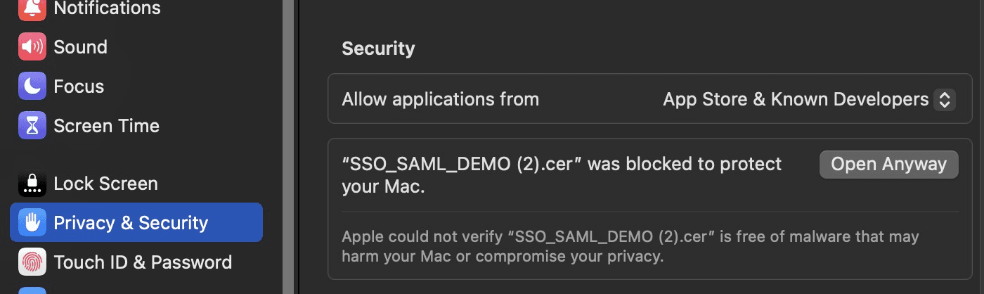 Fig: "Open Anyway" in Mac under Privacy and Security