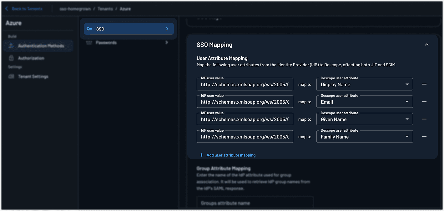 Fig: Updating the User Attribute mapping in the Descope console
