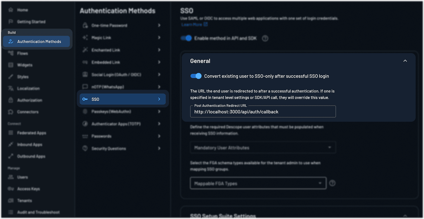Fig: Configuring the post-authentication redirect URL