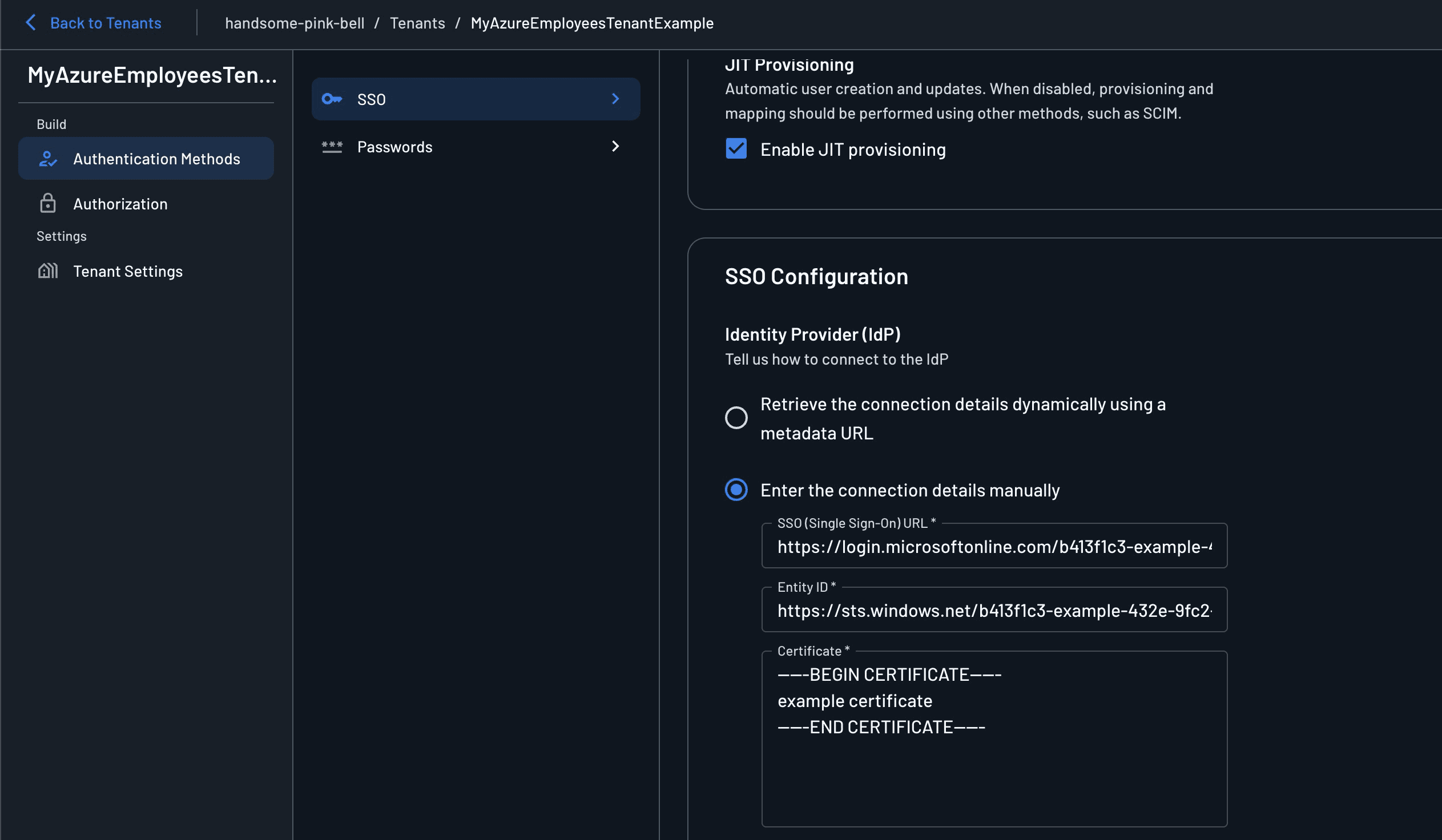 Fig: The completed Enter connection details manually section under SSO configuration—with SSO URL, entity ID, and certificate entered
