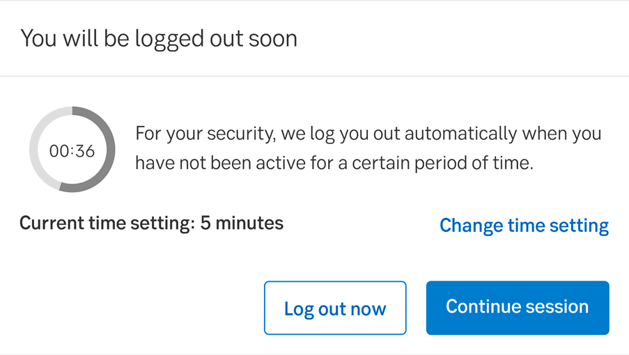 Fig: A session timeout alert notifying the user they will be logged out soon (Image credit: Design Library)