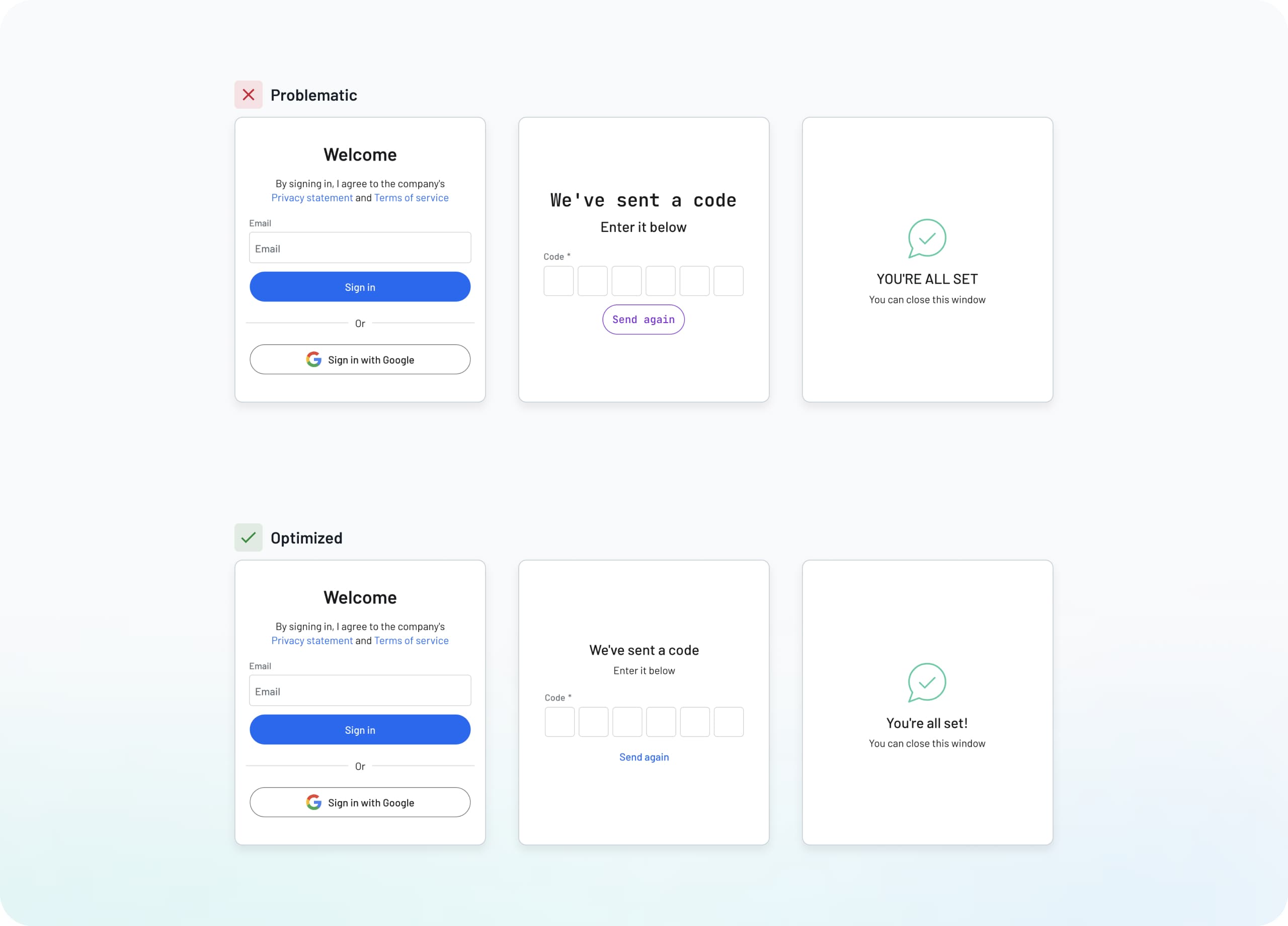 Fig: Login UI design examples, with problematic versions above and optimized ones below