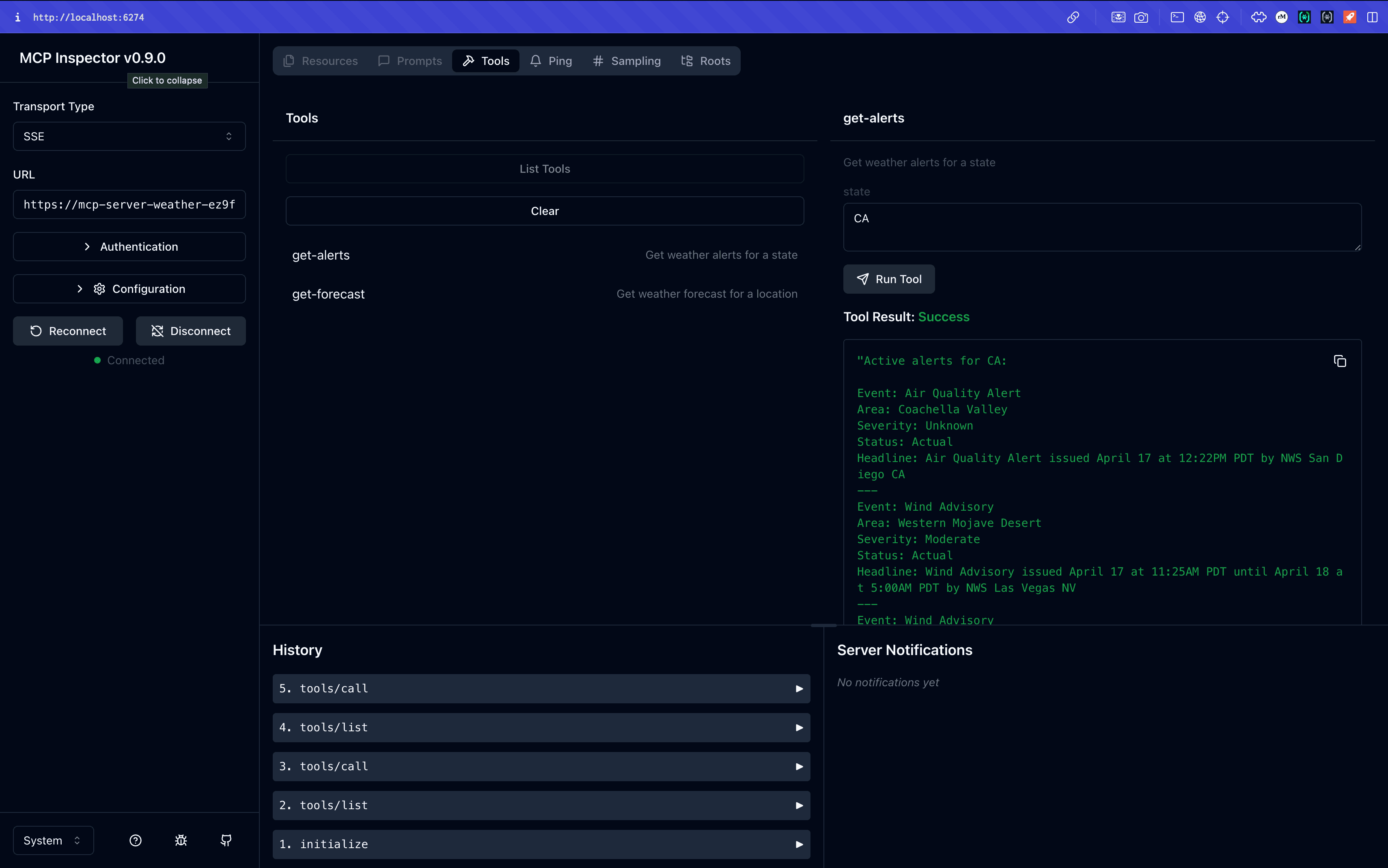 Fig: Testing the server with MCP Inspector