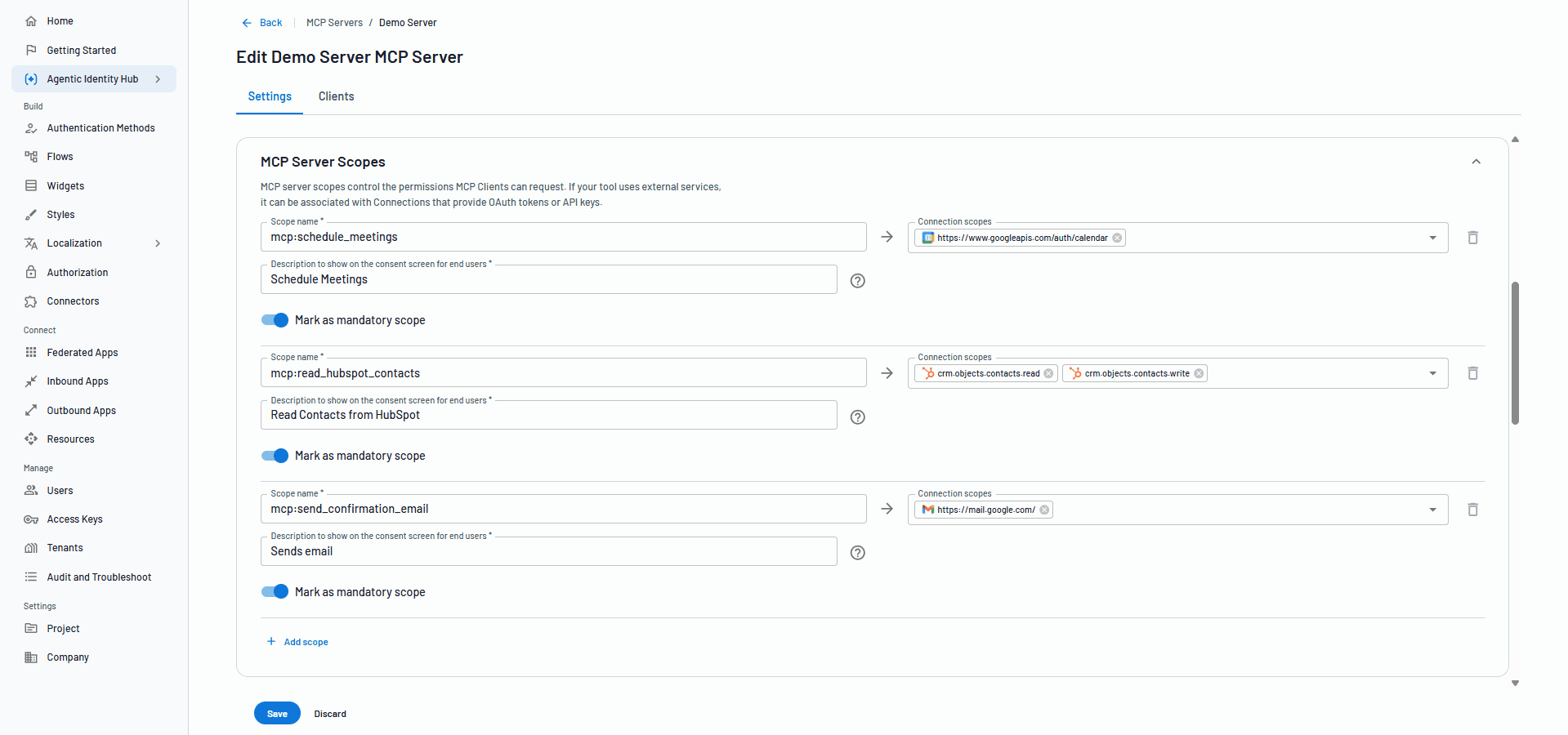 Screenshot of Descope showing MCP server scopes that control what an AI agent can access on a user's behalf