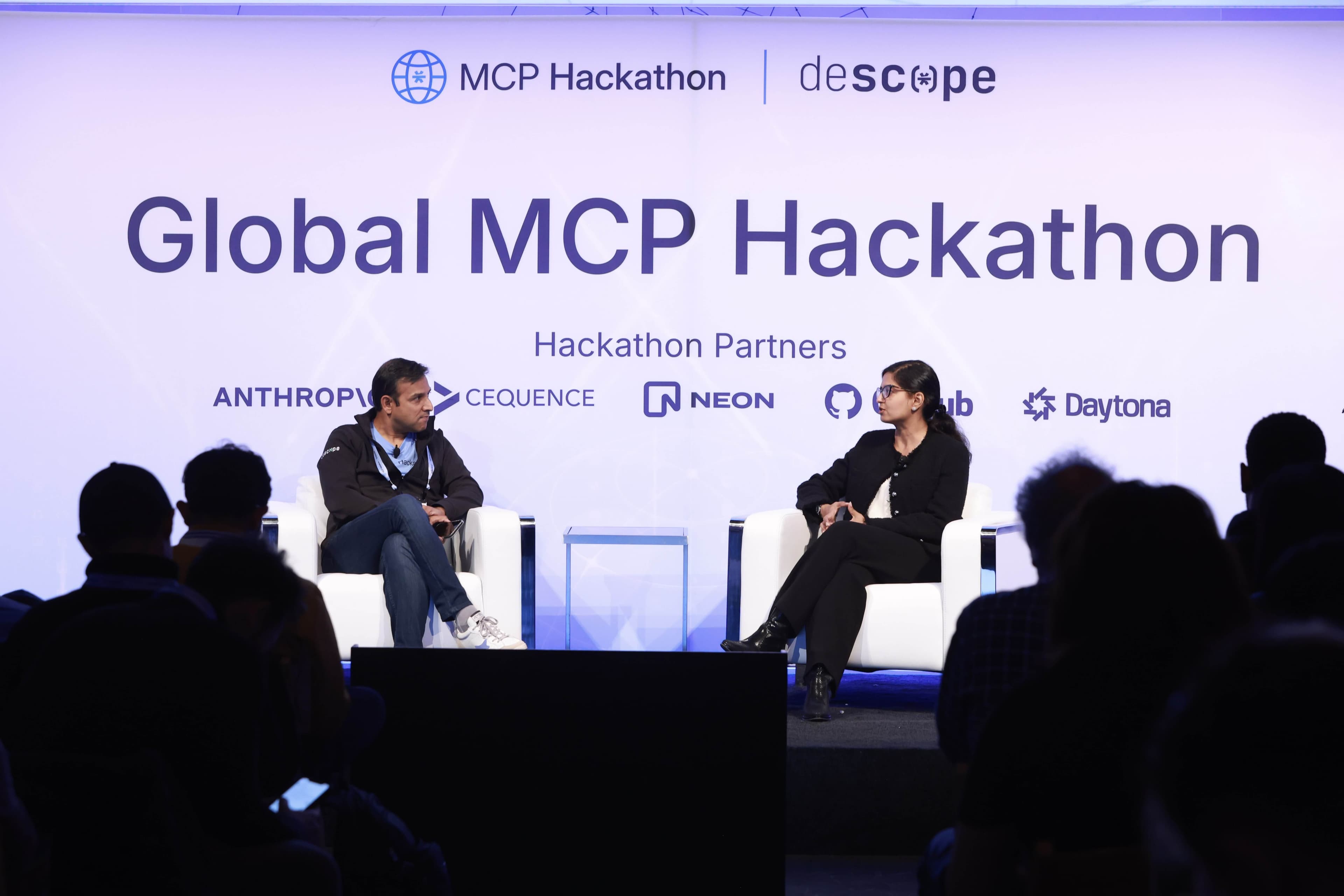 Fig: Aparna Sinha chats with Descope Co-Founder Rishi Bhargava at the Global MCP Hackathon Launch Party