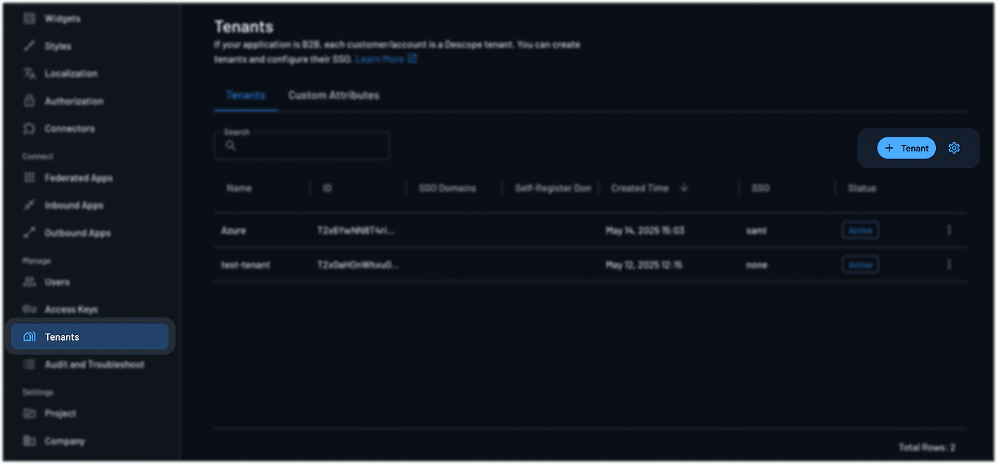 Fig: Creating a tenant in the Descope console