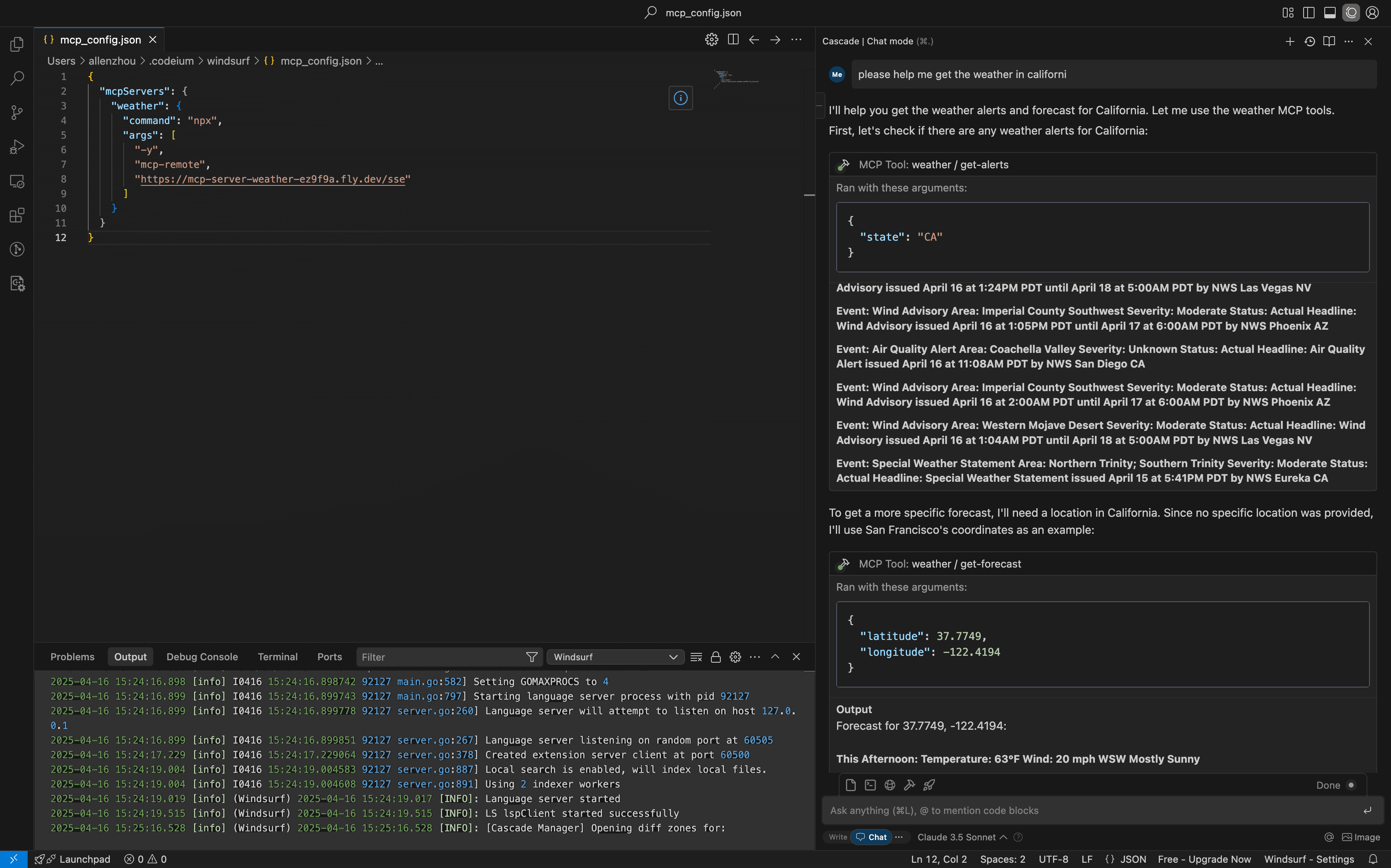 Fig: Viewing chat mode and the MCP config JSON in Windsurf