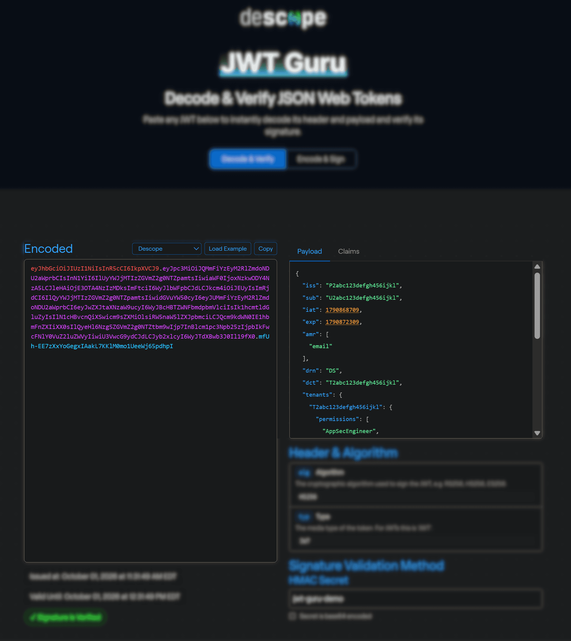 Fig: The JWT Guru decoder with a demo JWT. The encoded token is on the left and the decoded payload claims are on the right.
