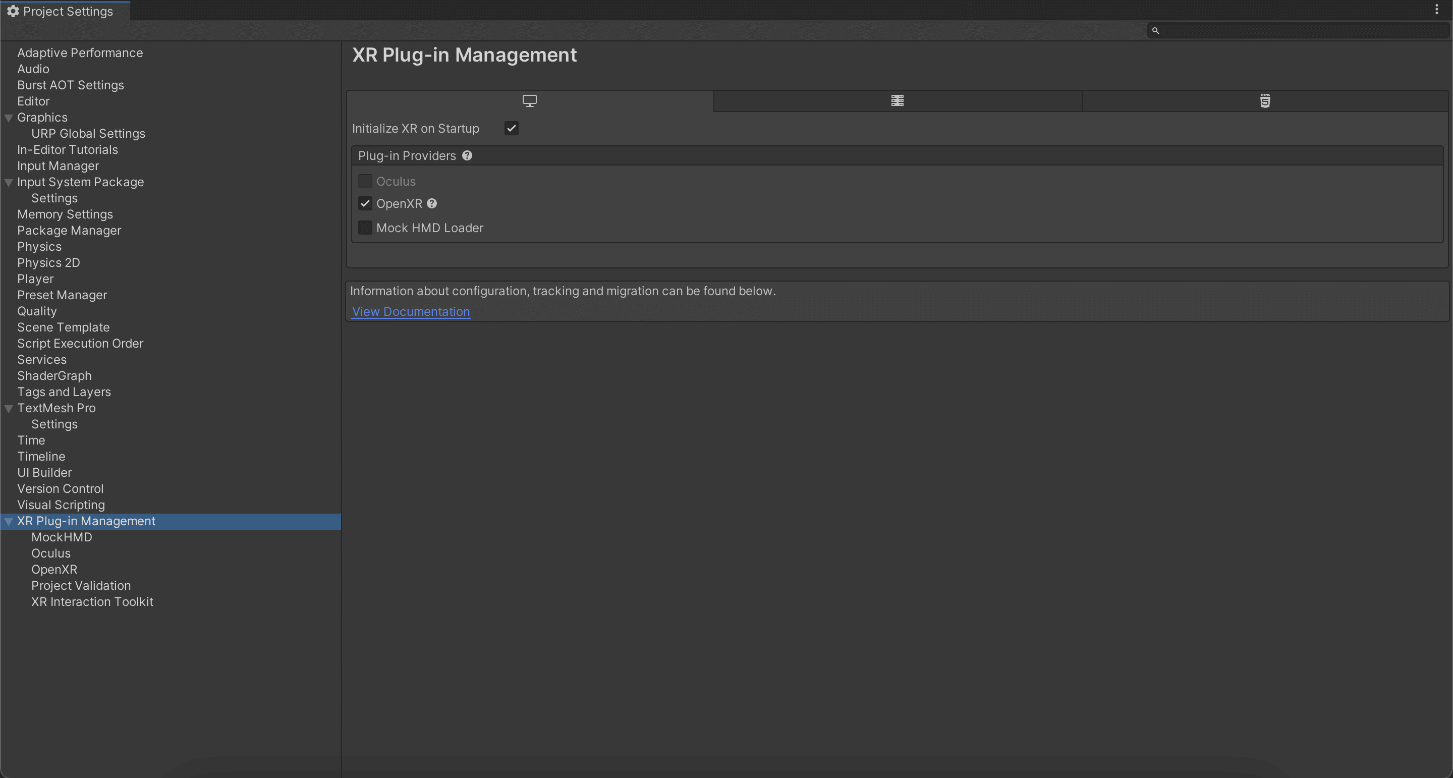 Fig: A screenshot of the XR Plug-in Management screen