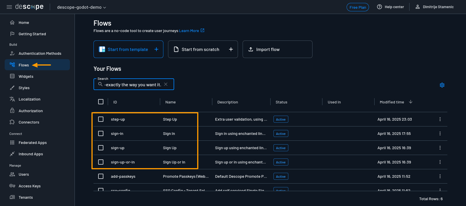 Fig: Descope console Flows tab