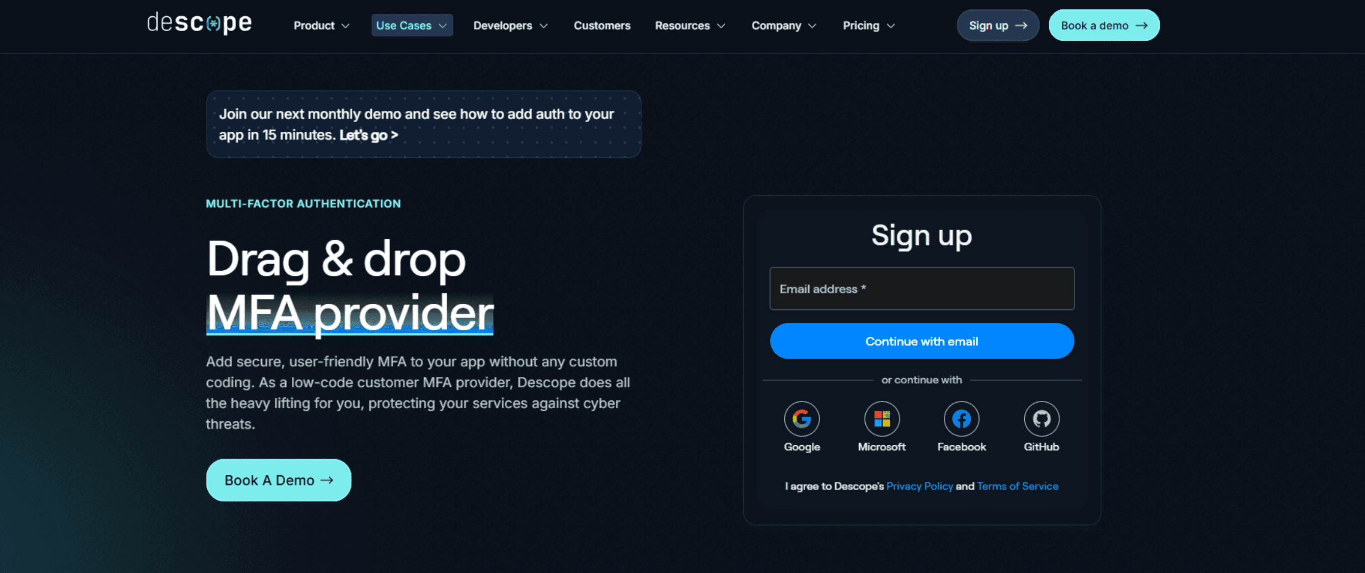 Descope MFA homepage