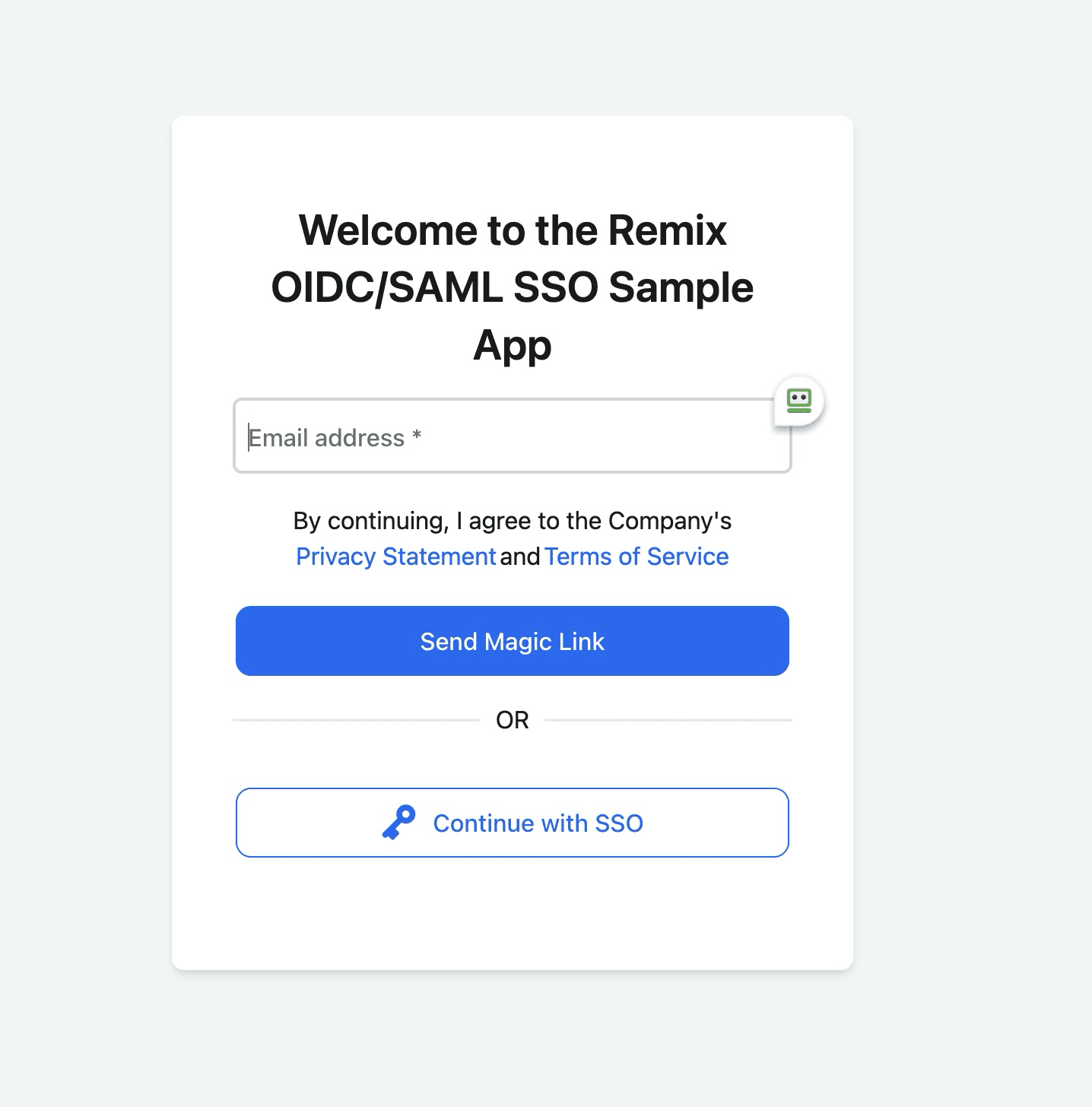 Fig: The Remix application login screen saying "Welcome to the RemixOIDC/SAML SSO Sample App", with a Send Magic Link button and Continue with SSO button
