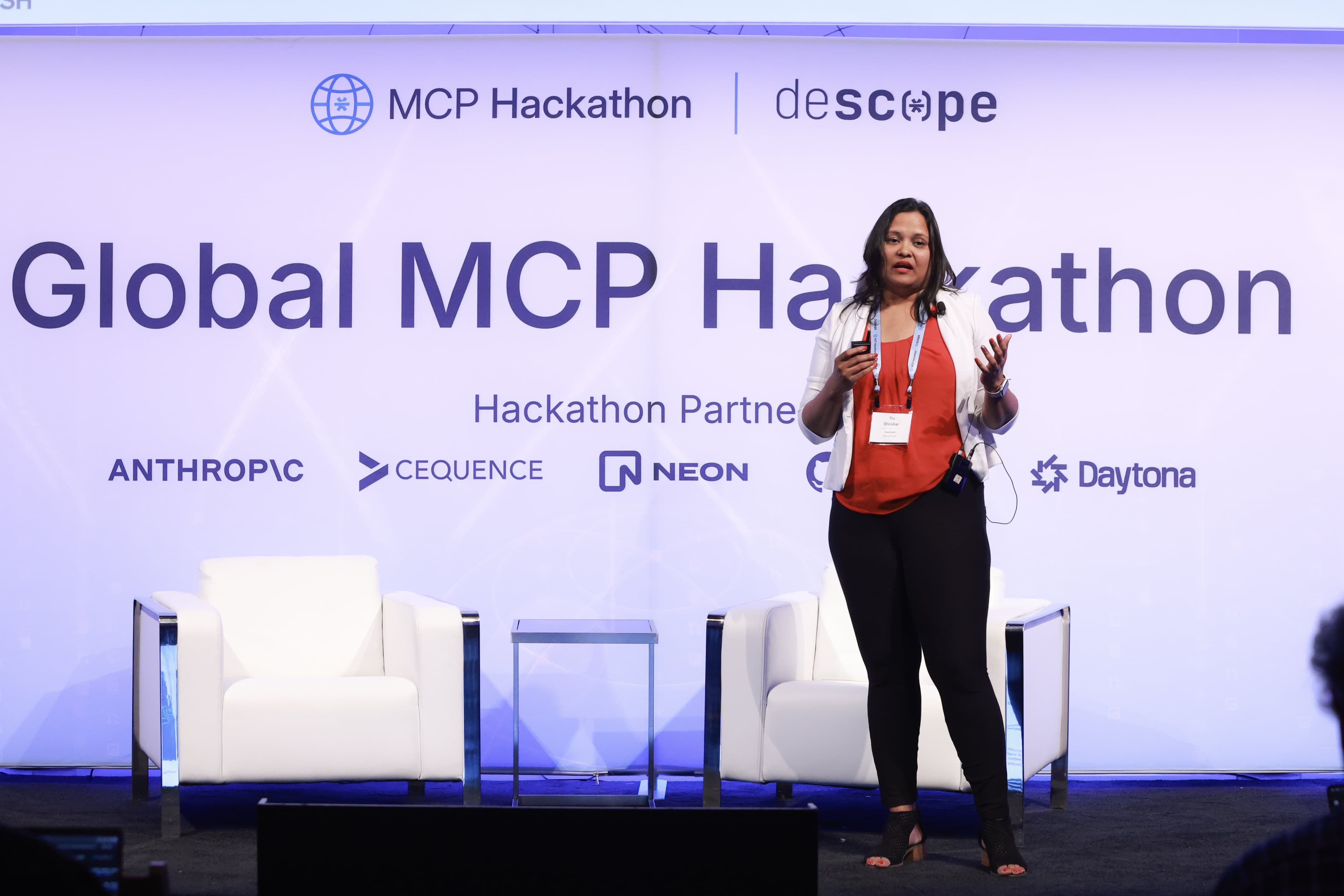 Fig: Trupi Shiralkar closes out her presentation at the Descope Global MCP Hackathon