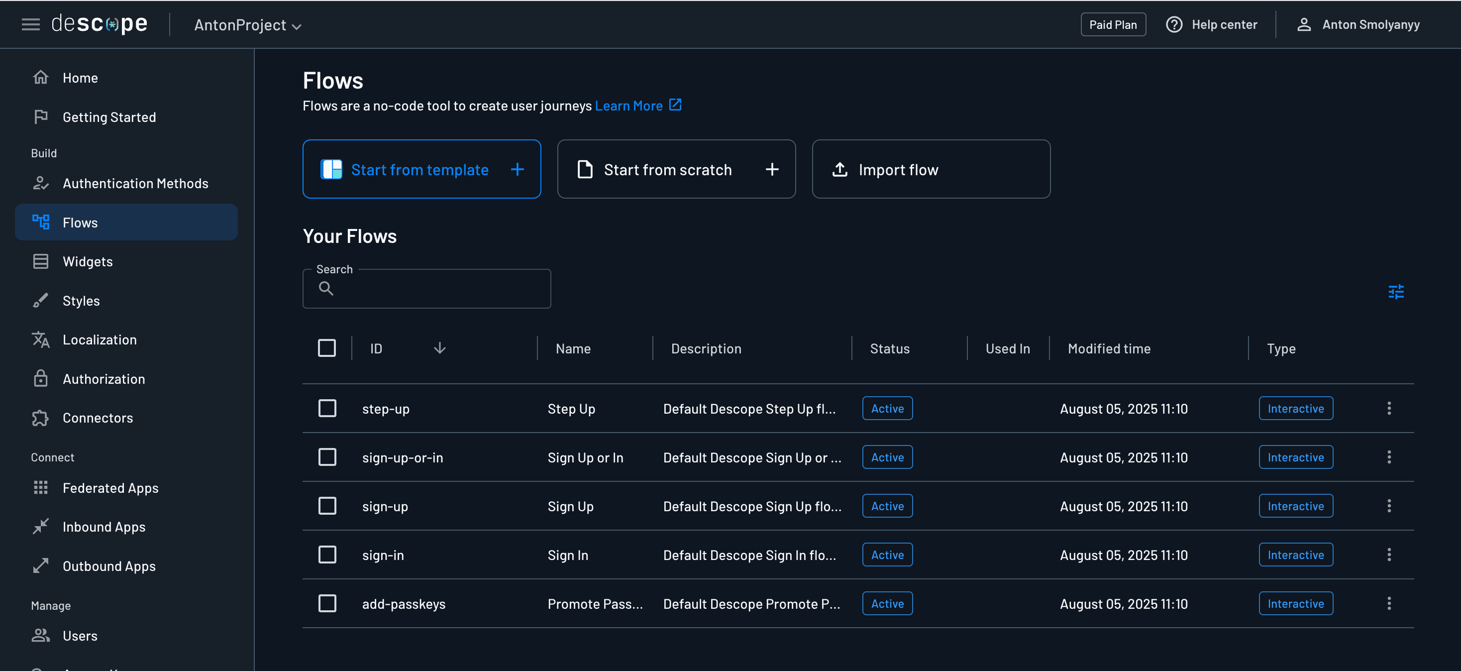 Fig: Descope console flows default homepage