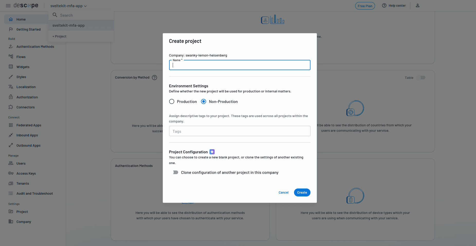 Fig: Creating a new Descope project