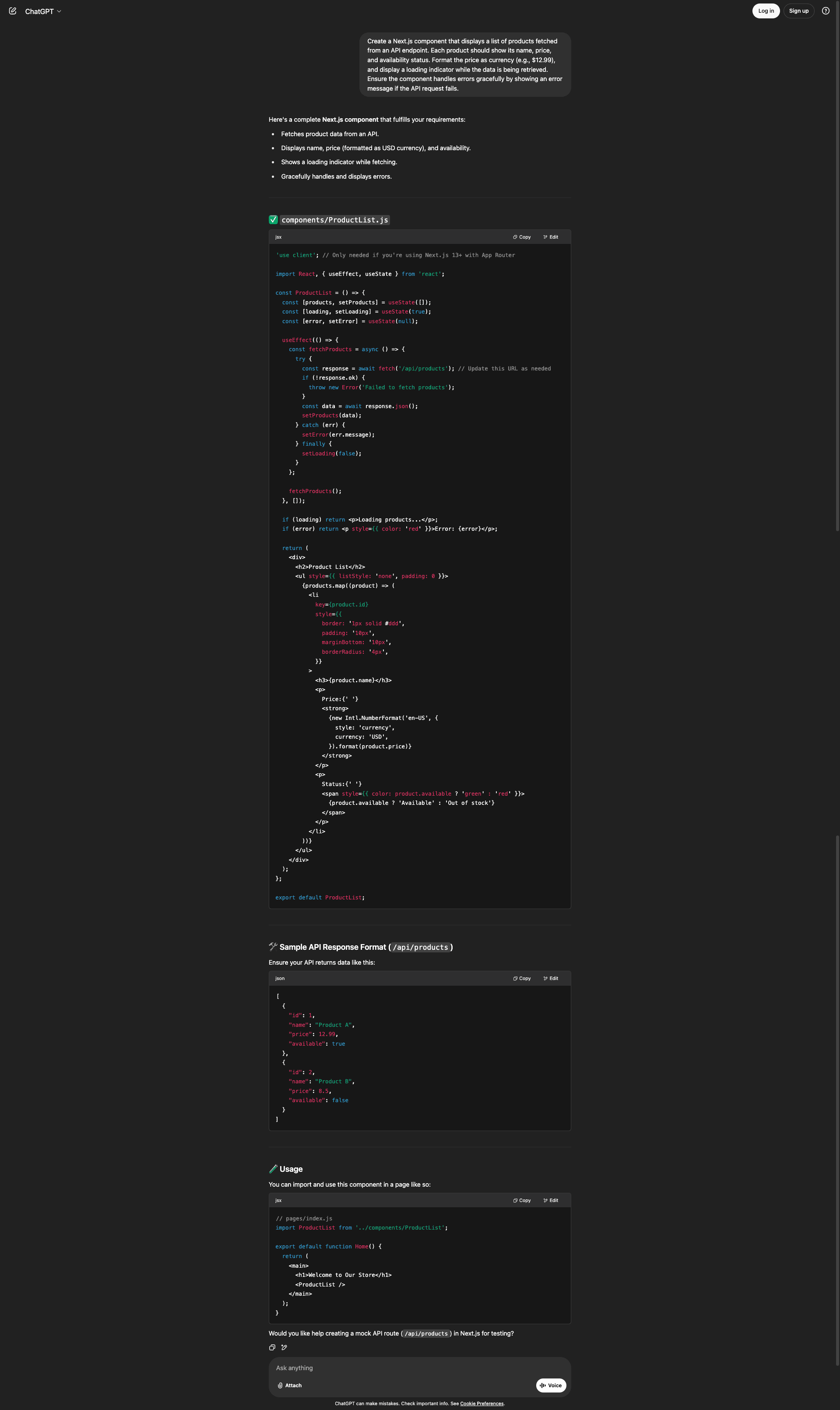 Fig: ChatGPT's frontend response