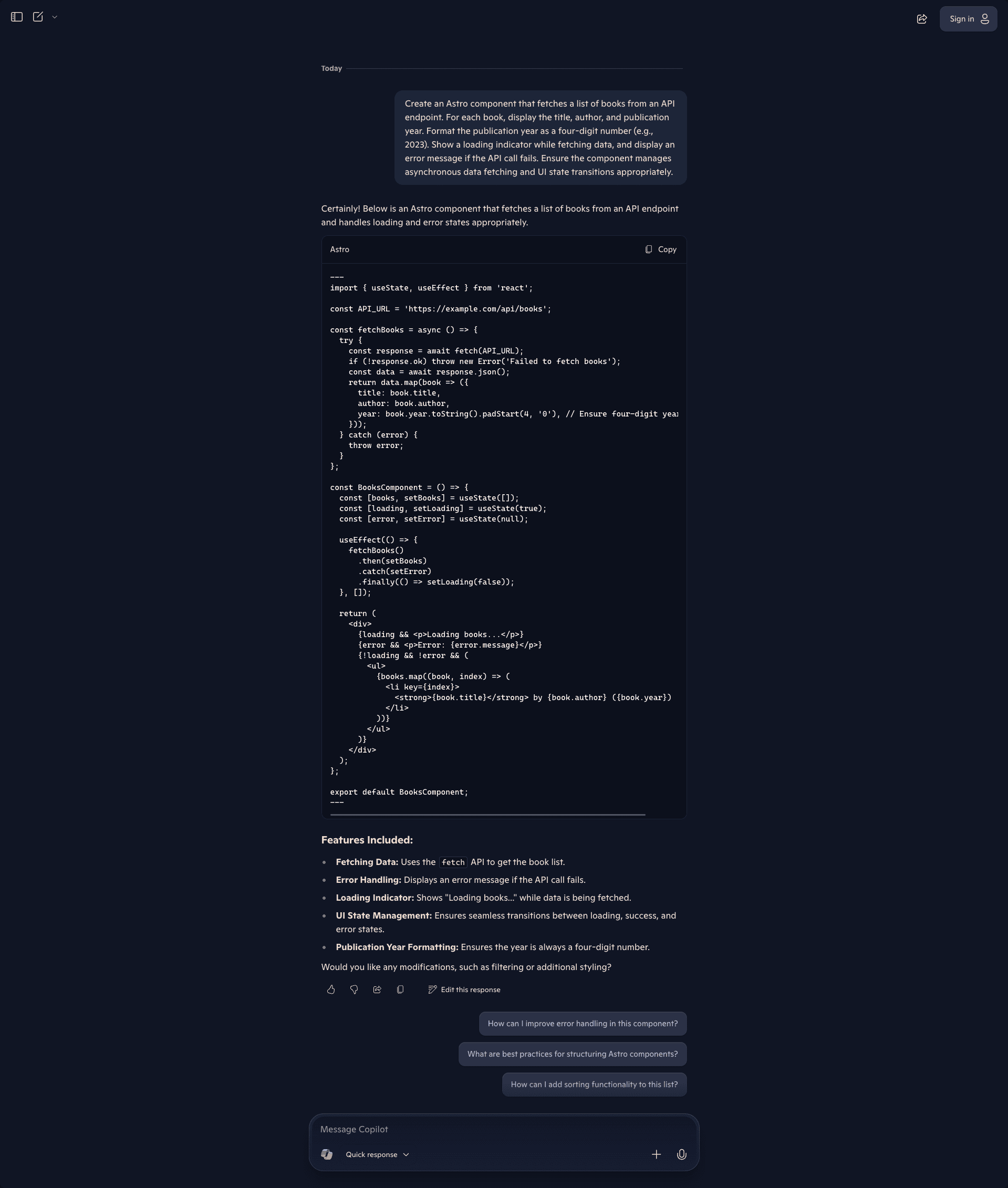 Fig: Copilot's frontend response