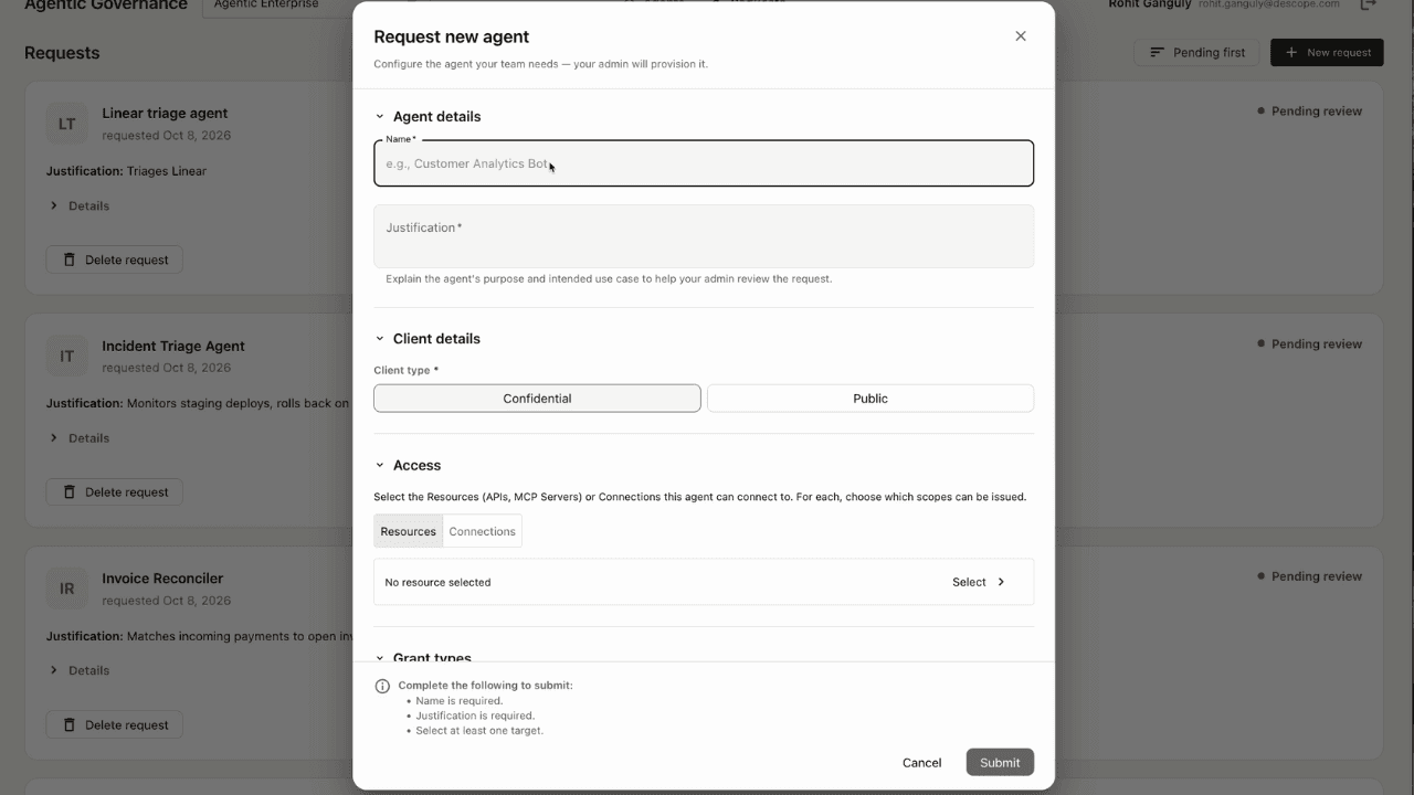 Agentic Governance Suite end user agent review screen
