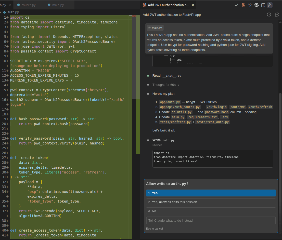 Fig: Beginning a session with Claude Code to develop JWT-based auth for FastAPI