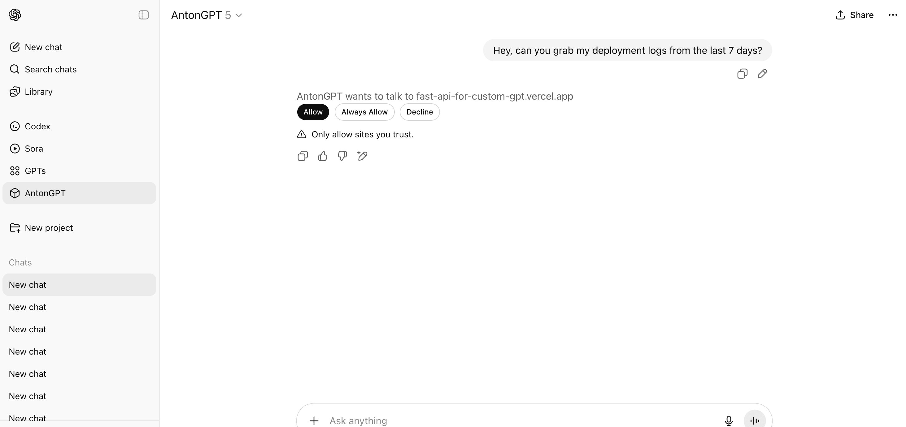 Fig: GPT asks for consent to interface with your API