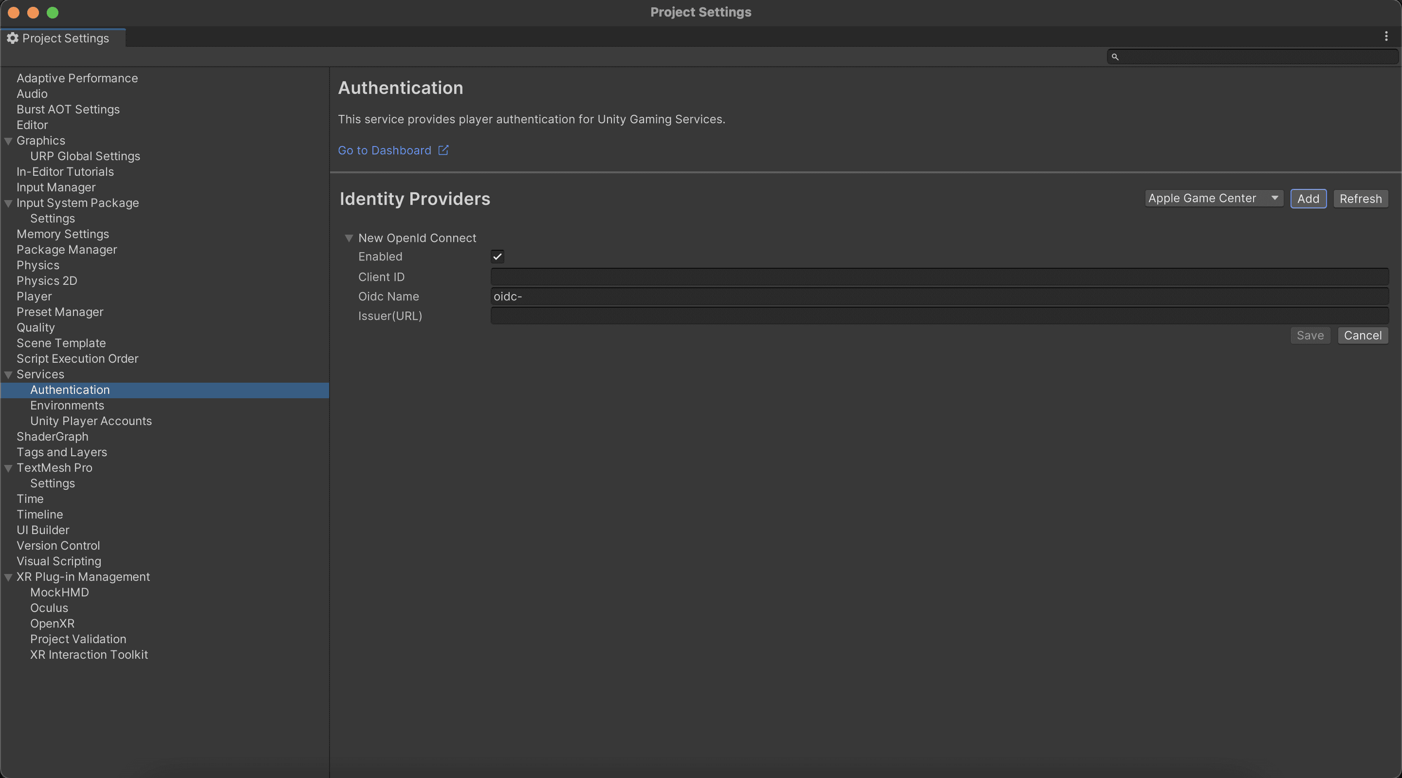 Fig: The Authentication settings screen inside Unity Project Settings