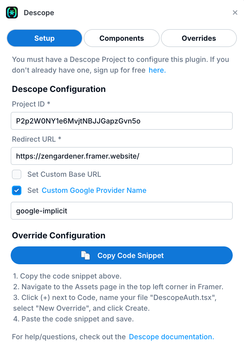 Fig: Descope plugin settings