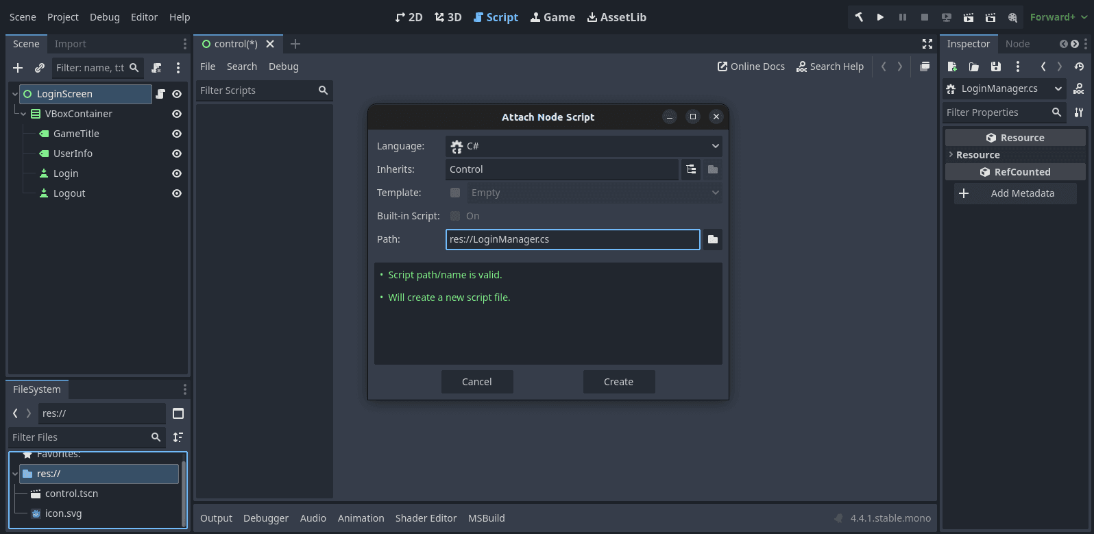 Fig: Godot attach node script pop-up