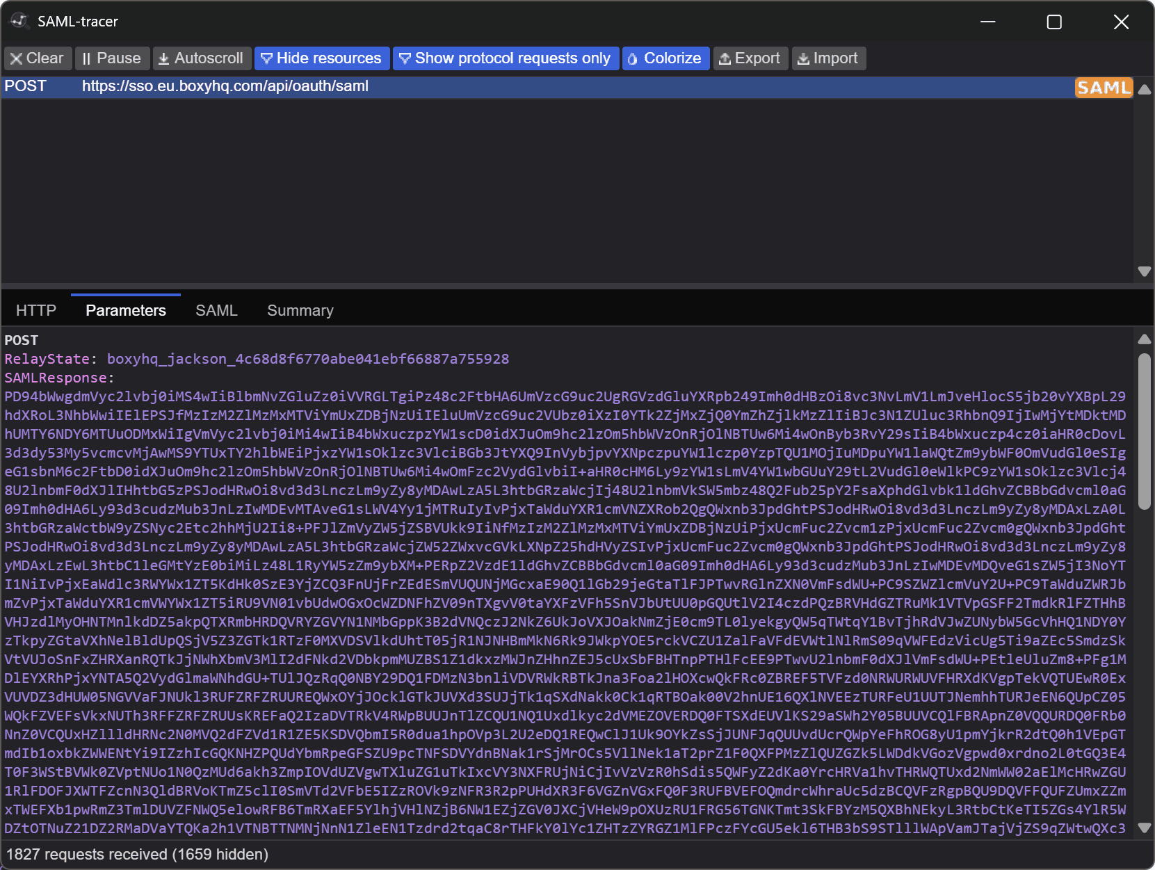 Fig: The SAML-tracer extension for Google Chrome displaying a SAML response.