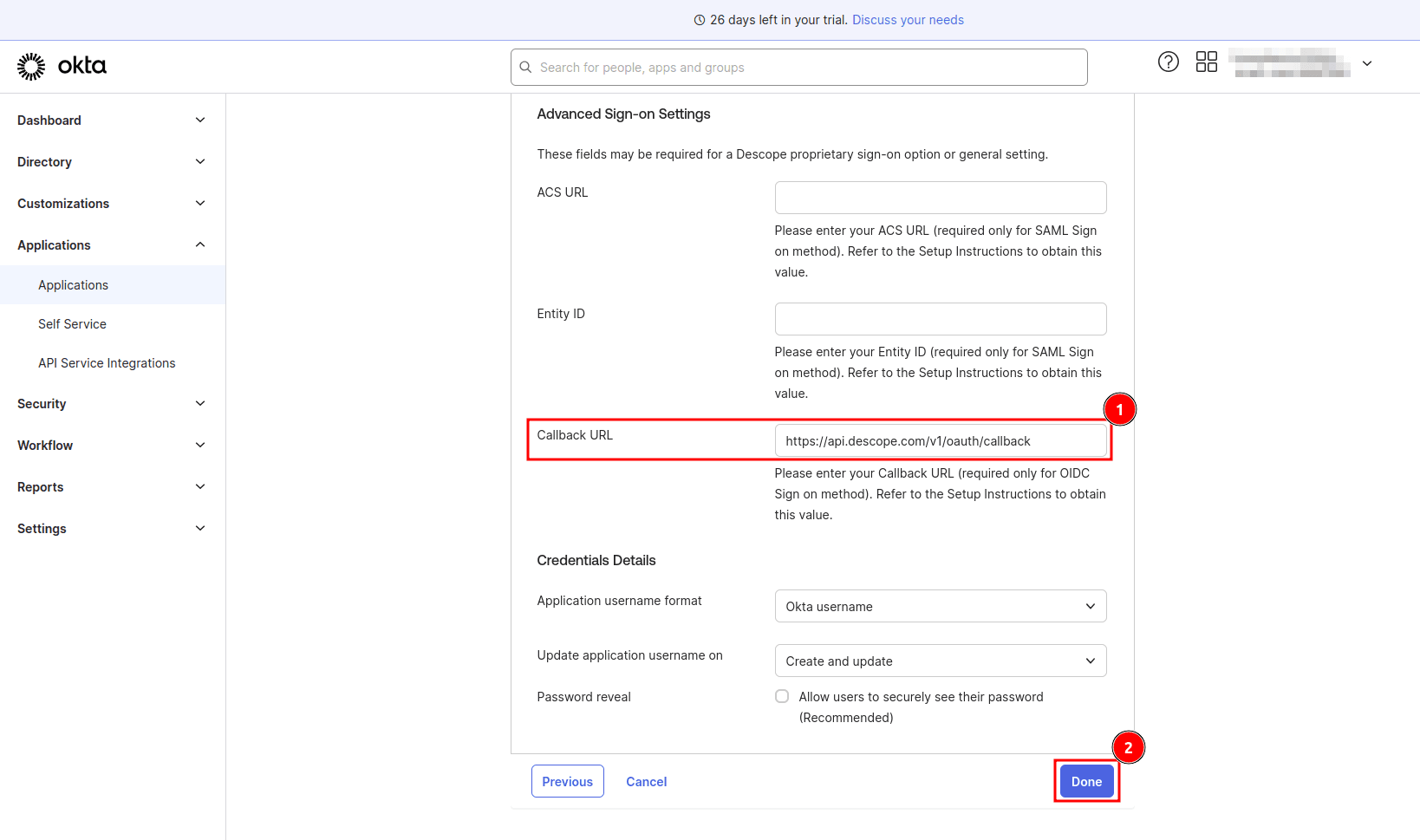 Fig: Providing the OIDC SSO callback URL