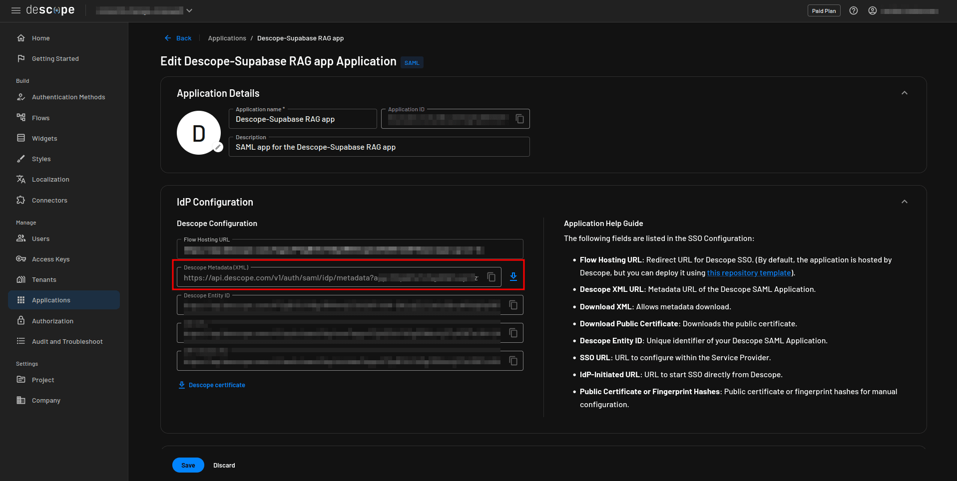 Obtaining Descope metadata URL