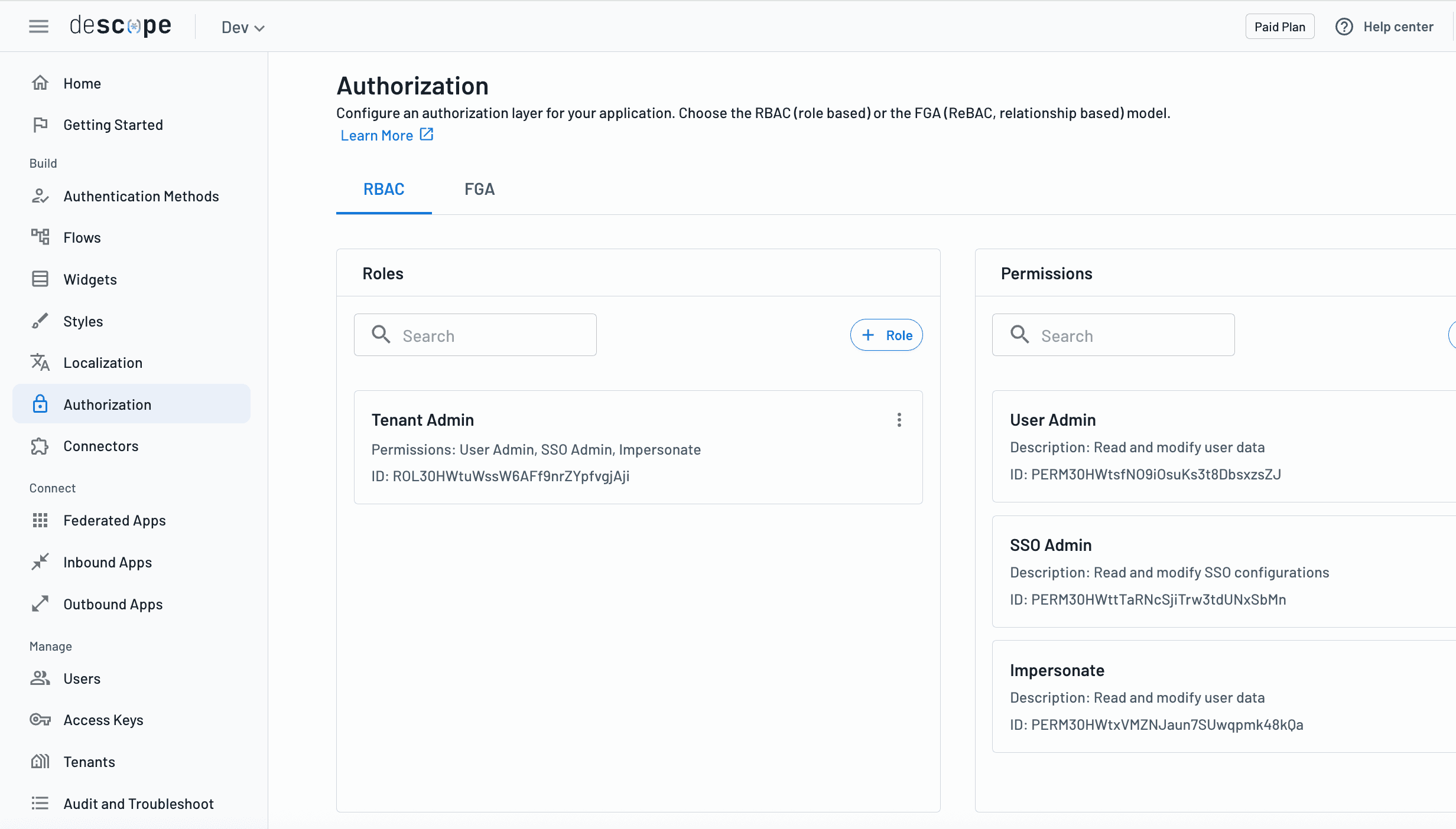 Descope authorization configuration page