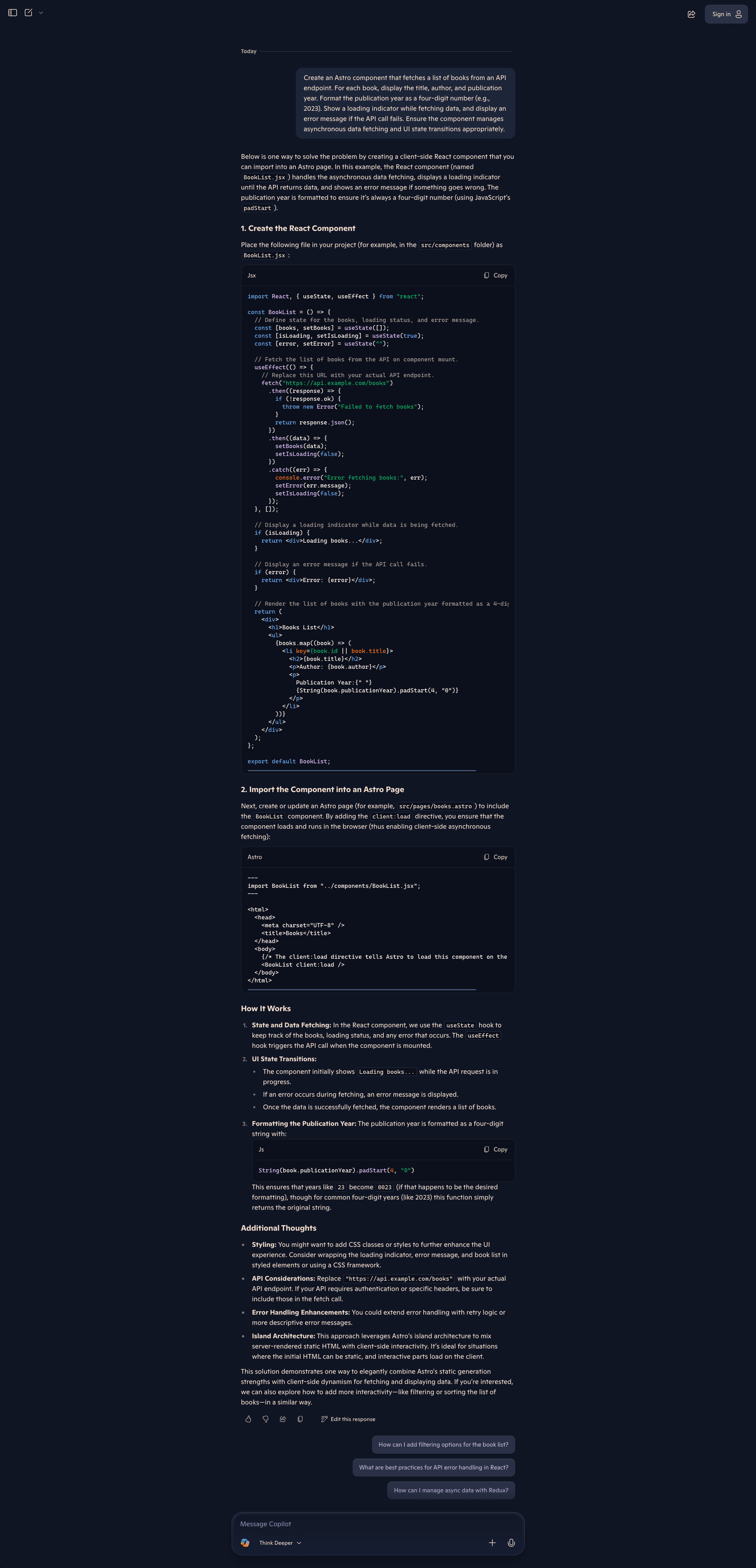 Fig: Copilot's frontend response in the Think Deeper mode