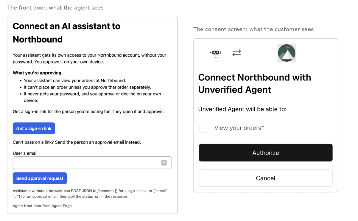 Fig: The front door, where the agent lands, and the consent screen the customer sees after signing in.